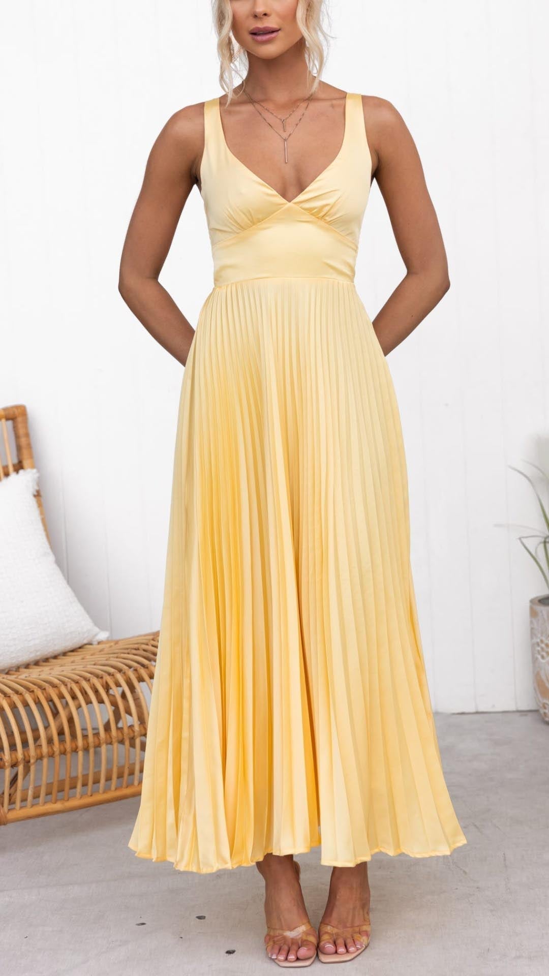 Halo Robe Maxi Femme – Plissé Jaune, Col V & Élégance Estivale