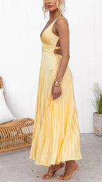 Halo Robe Maxi Femme – Plissé Jaune, Col V & Élégance Estivale