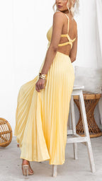 Halo Robe Maxi Femme – Plissé Jaune, Col V & Élégance Estivale