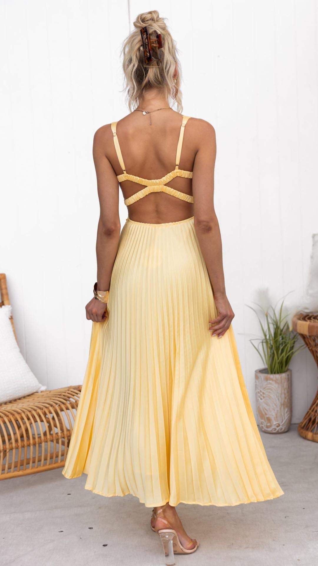 Halo Robe Maxi Femme – Plissé Jaune, Col V & Élégance Estivale