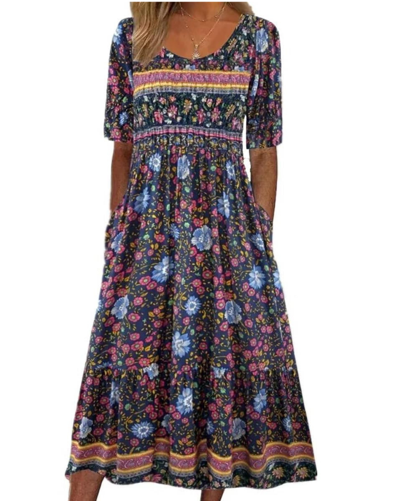 Mabel Abito Midi Donna Boho – Stampa Floreale, Maniche Corte e Tasche Laterali
