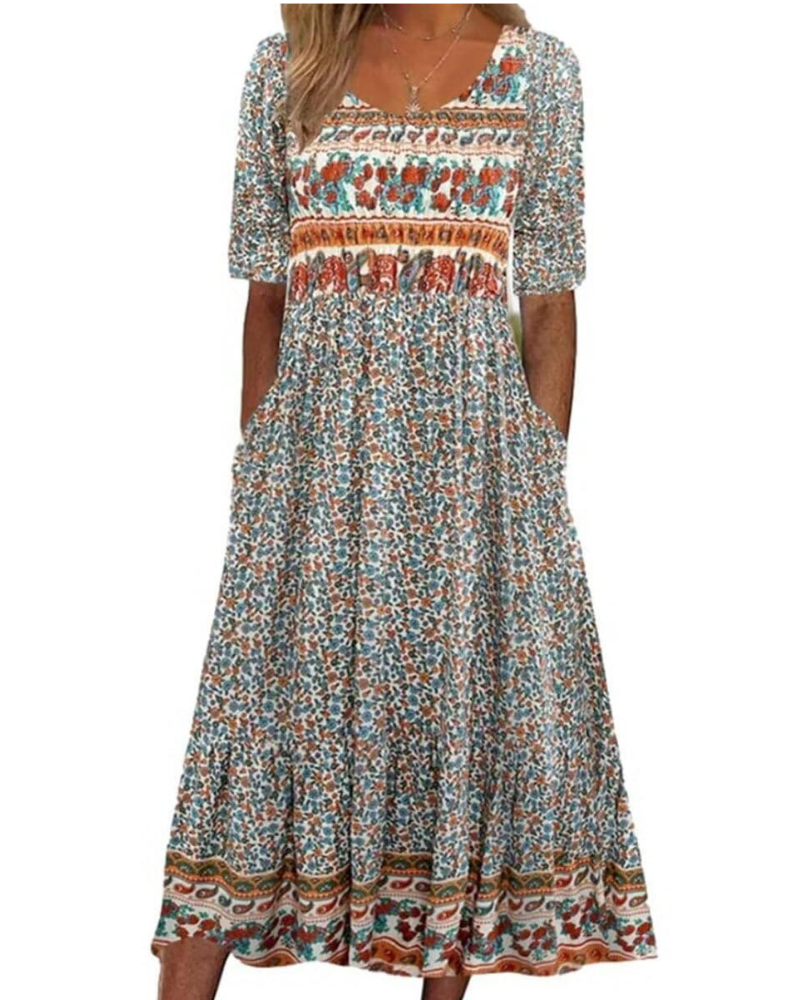 Mabel Abito Midi Donna Boho – Stampa Floreale, Maniche Corte e Tasche Laterali