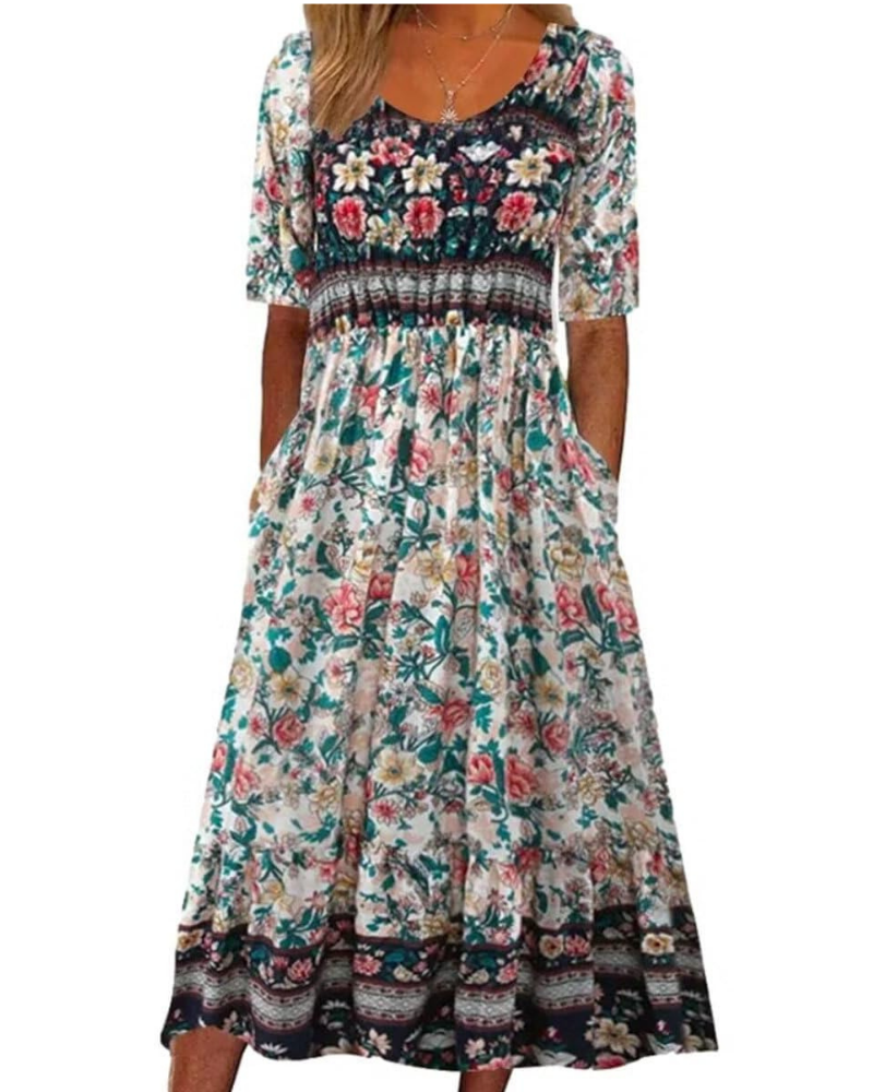 Mabel Abito Midi Donna Boho – Stampa Floreale, Maniche Corte e Tasche Laterali