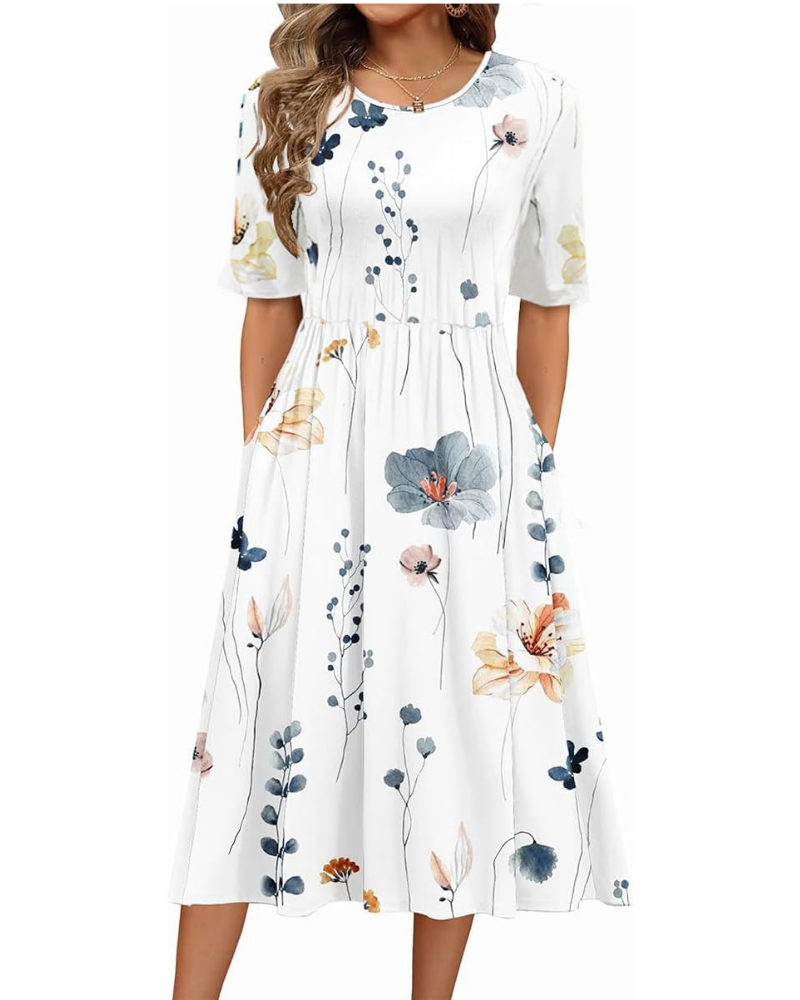 Mabel Abito Midi Donna Boho – Stampa Floreale, Maniche Corte e Tasche Laterali