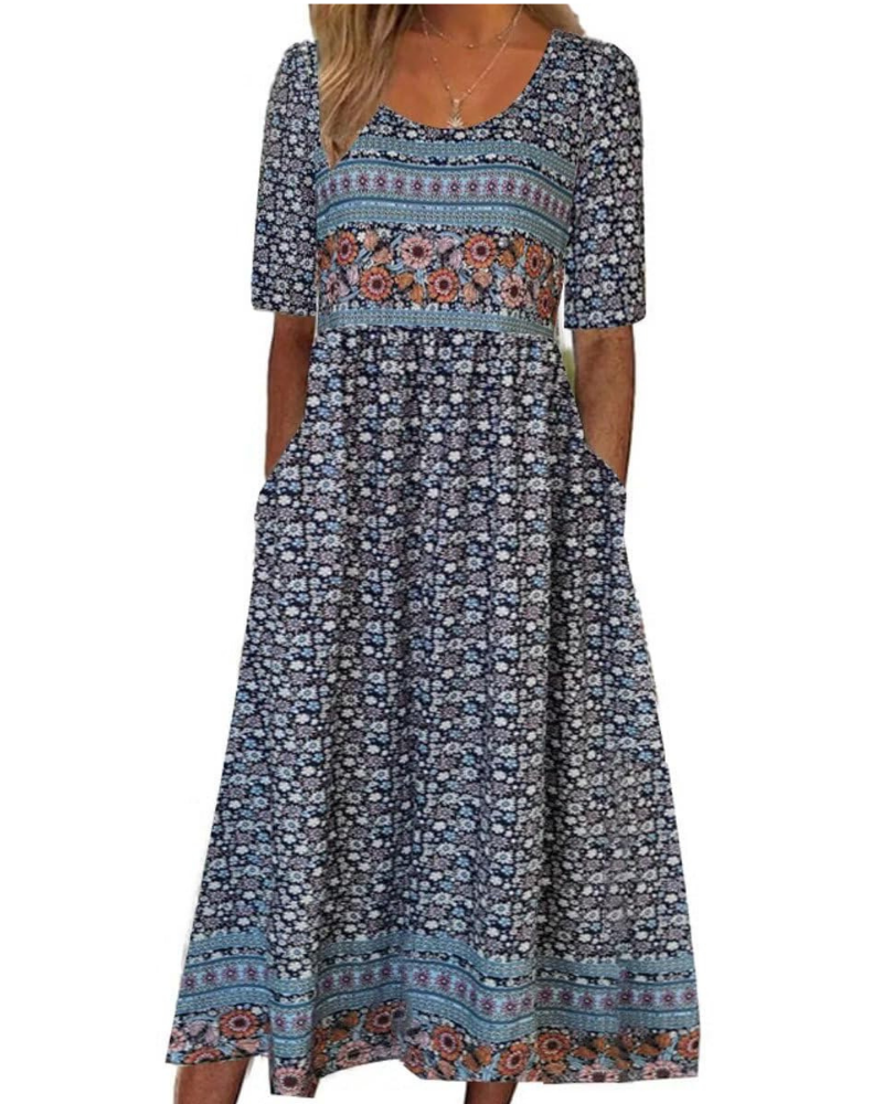 Mabel Abito Midi Donna Boho – Stampa Floreale, Maniche Corte e Tasche Laterali