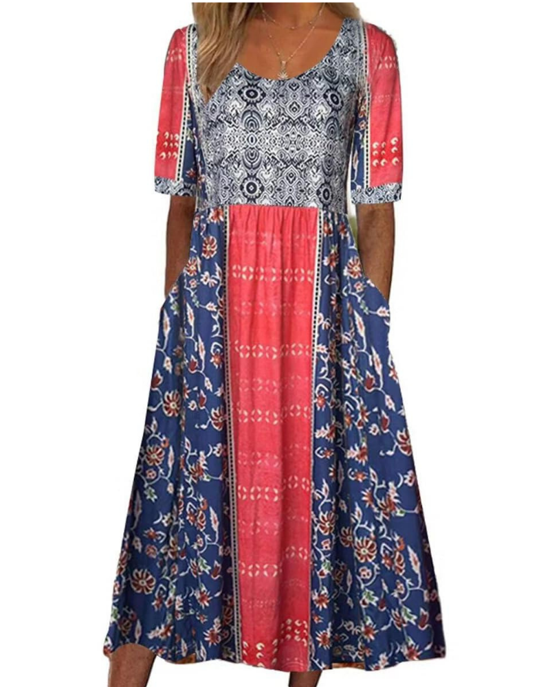 Mabel Γυναικείο Μίντι Μποέμ Φόρεμα – Floral Μοτίβο, Κοντά Μανίκια και Πλαϊνές Τσέπες