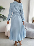 Elena Robe Femme Midi Plissée – Col Col Montant, Ceinture Réglable Élégante