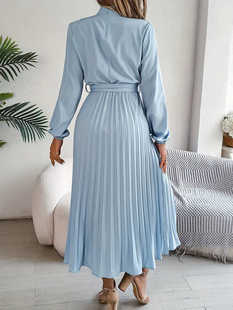 Elena Robe Femme Midi Plissée – Col Col Montant, Ceinture Réglable Élégante