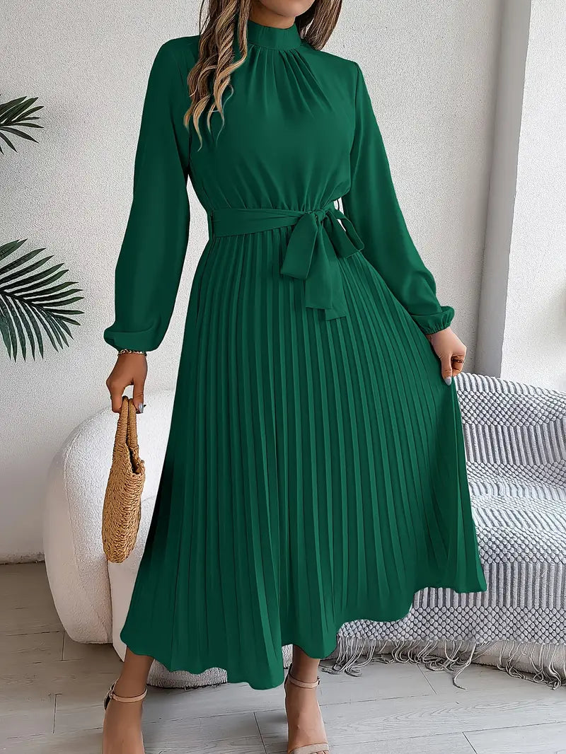 Elena Vestido Midi Plisado para Mujer – Cuello Alto, Cintura Ajustable Elegante
