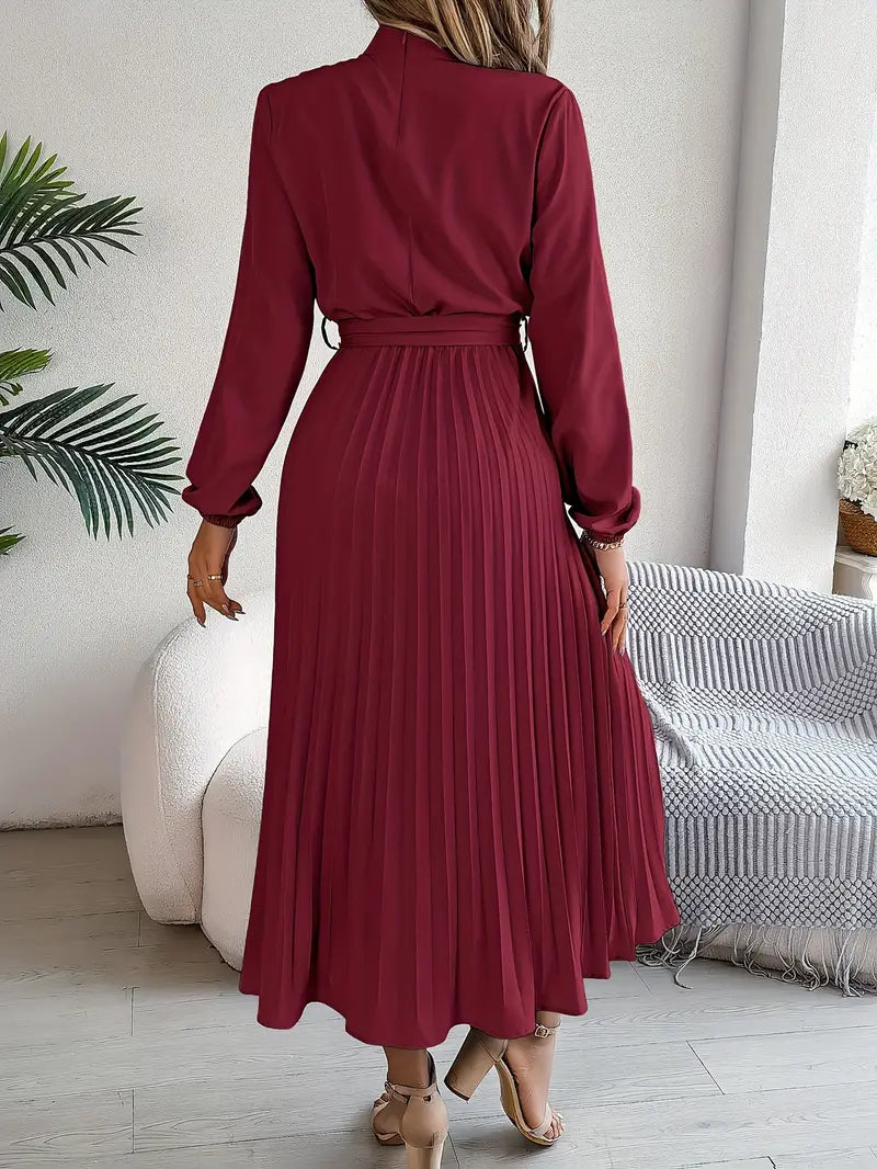 Elena Vestido Midi Plisado para Mujer – Cuello Alto, Cintura Ajustable Elegante