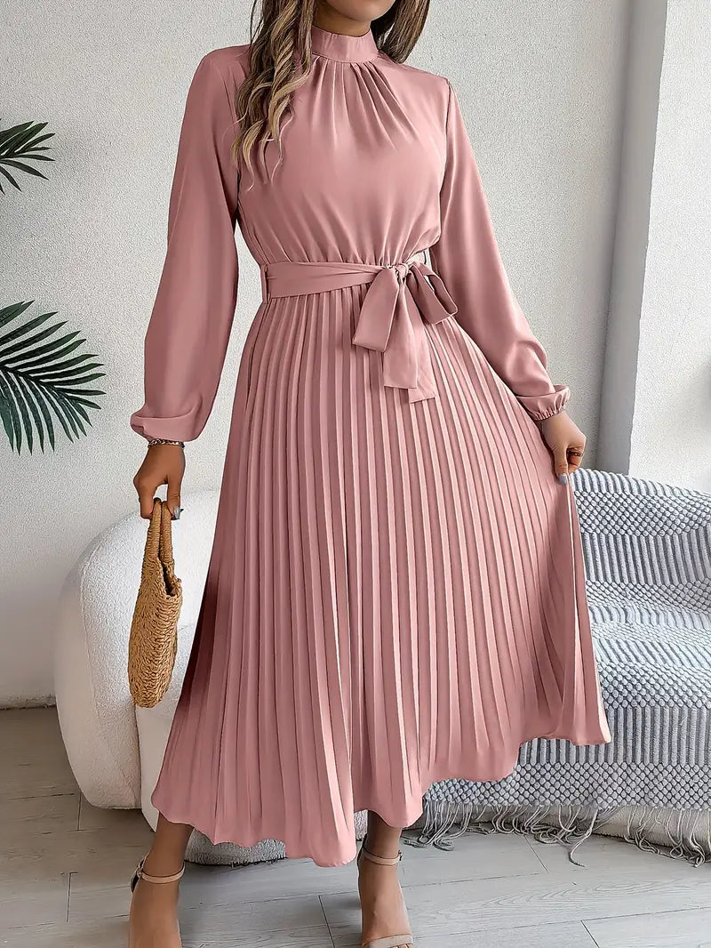 Elena Vestido Midi Plisado para Mujer – Cuello Alto, Cintura Ajustable Elegante