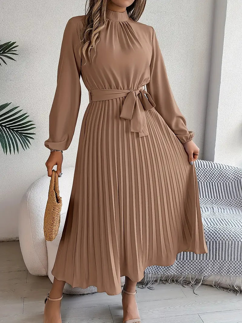 Elena Vestido Midi Plisado para Mujer – Cuello Alto, Cintura Ajustable Elegante