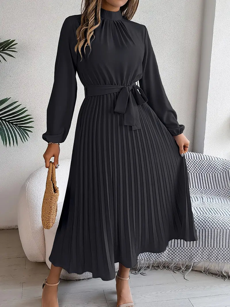 Elena Vestido Midi Plisado para Mujer – Cuello Alto, Cintura Ajustable Elegante