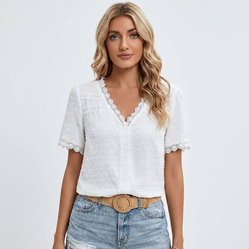 Blusa Chiara para mujer Plumeti – Escote en V con encaje, ligera, elegante, casual y chic