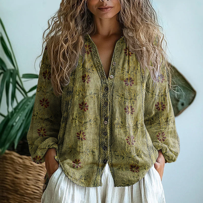 Helen Blouse Femme Vintage – Top Élégant Imprimé Feuilles, Léger, Chic Décontracté Automne