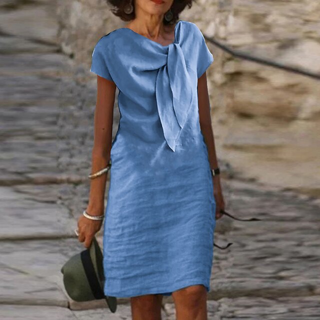 Ava Vestido de Lino Mujer – Midi Transpirable, Nudo en la Cintura y Estilo Casual Chic