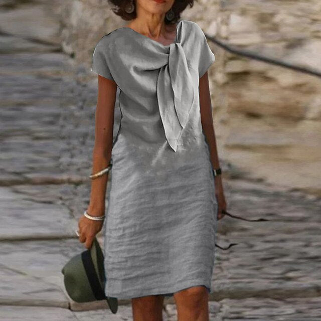 Ava Vestido de Lino Mujer – Midi Transpirable, Nudo en la Cintura y Estilo Casual Chic