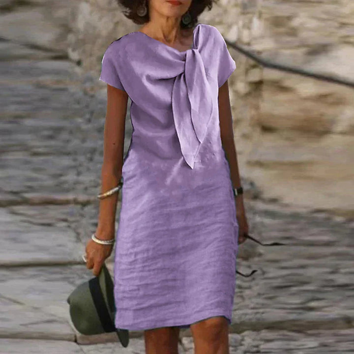 Ava Robe en Lin Femme – Midi Respirante, Nœud à la Taille & Style Casual Chic