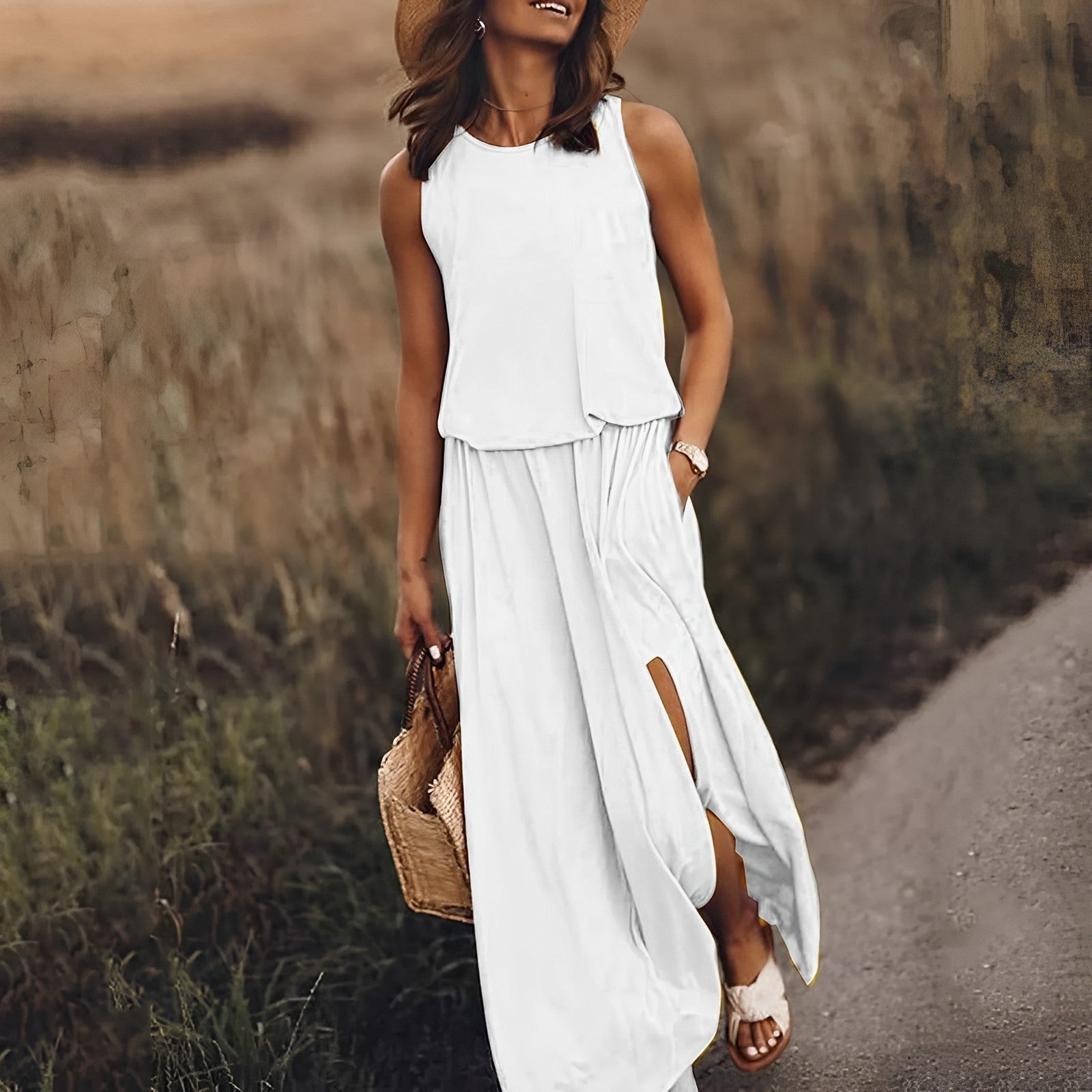 Firenze Vestido Mujer Maxi Elegante – Vestido Largo Sin Mangas, Fluido Vintage Chic