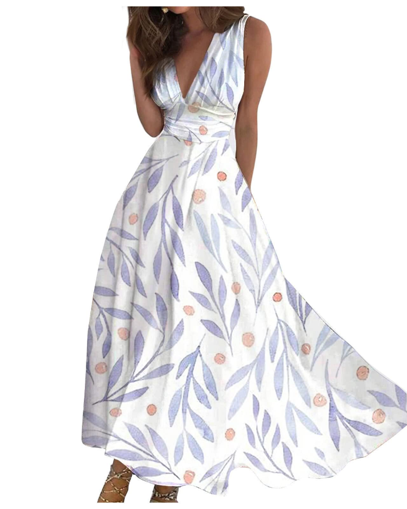 Camille Abito Maxi Donna – Vestito Boho Floreale Smanicato con Scollo a V