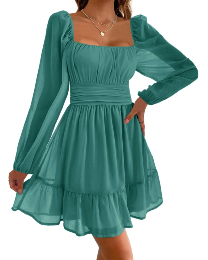 Robe de soirée pour femme Madeline – encolure carrée, manches en tulle et volants