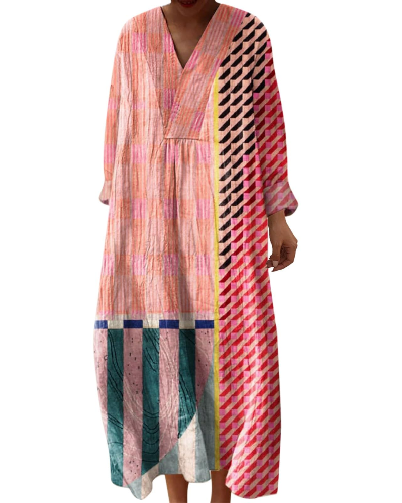Elena Abito Midi Donna – Vestito Boho Floreale a Linea A con Scollo a V e Maniche Lunghe