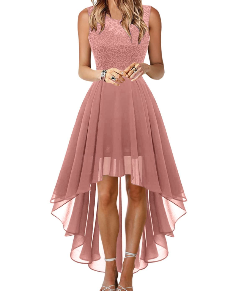 Blaire Robe de Cocktail Femme – Robe Asymétrique en Dentelle et Chiffon avec Ceinture