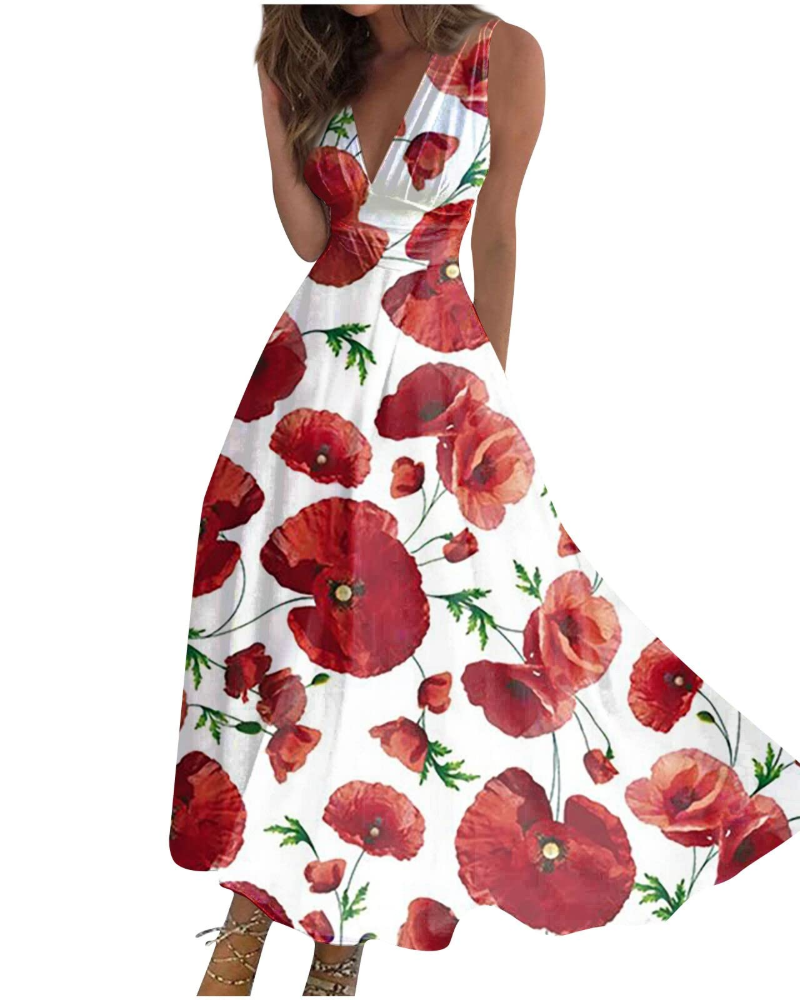 Camille Abito Maxi Donna – Vestito Boho Floreale Smanicato con Scollo a V