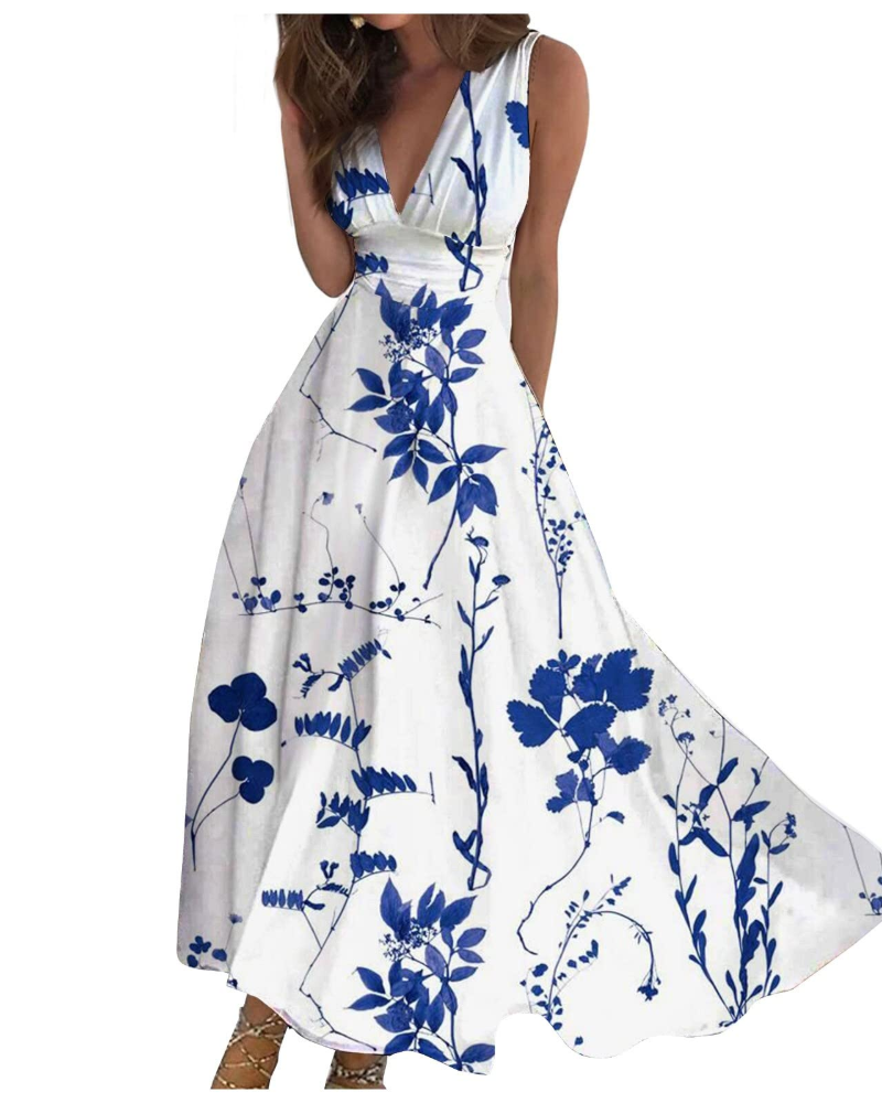 Camille Abito Maxi Donna – Vestito Boho Floreale Smanicato con Scollo a V
