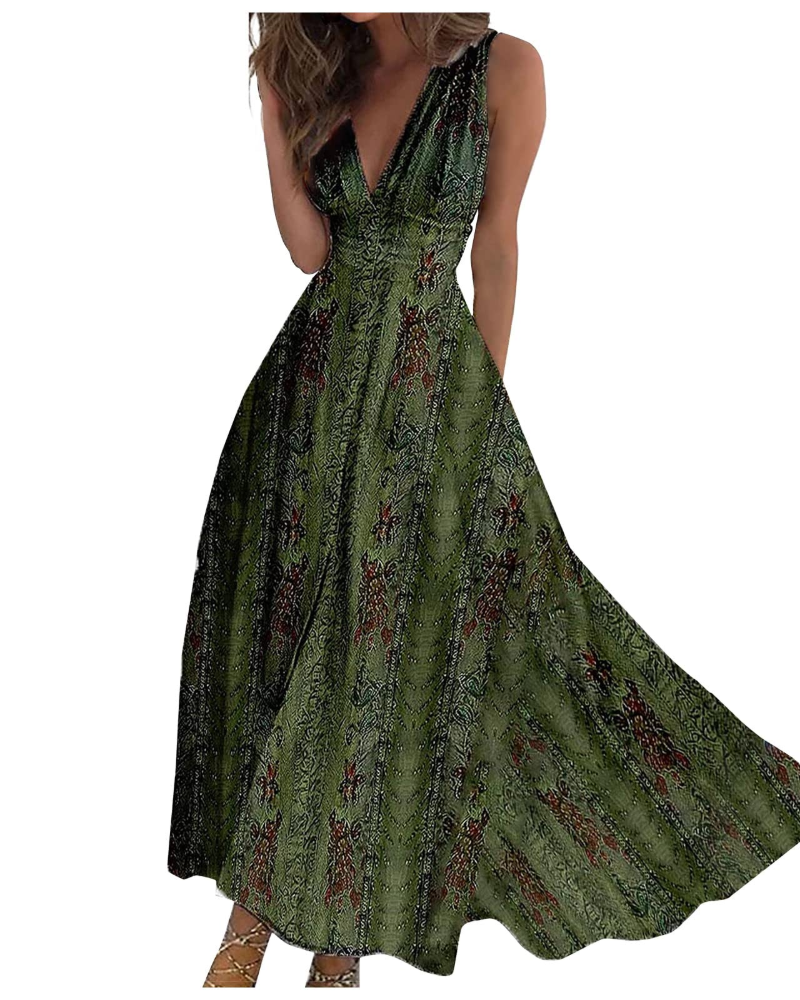Camille Abito Maxi Donna – Vestito Boho Floreale Smanicato con Scollo a V