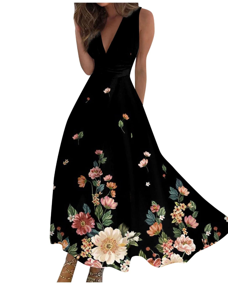 Camille Abito Maxi Donna – Vestito Boho Floreale Smanicato con Scollo a V