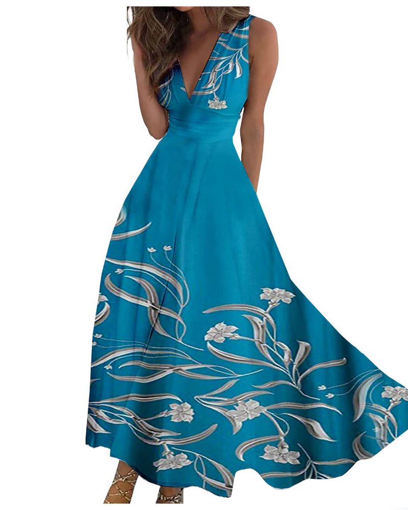 Camille Abito Maxi Donna – Vestito Boho Floreale Smanicato con Scollo a V