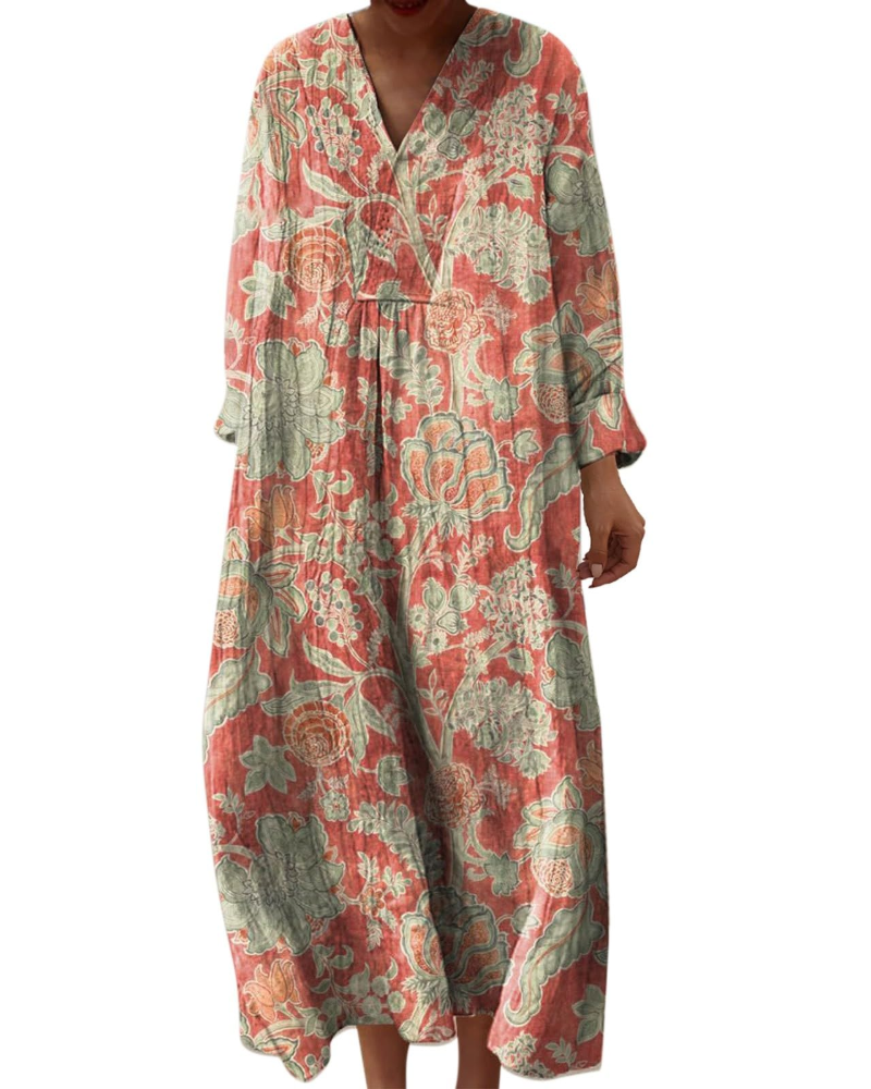 Elena Abito Midi Damska – Sukienka Boho w Kwiaty o Kroju A z Dekoltem w Serek i Długimi Rękawami