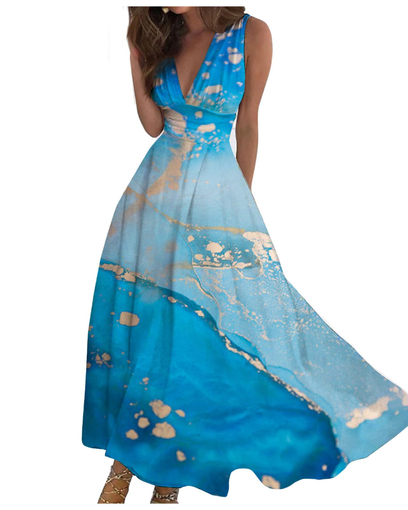 Camille Abito Maxi Donna – Vestito Boho Floreale Smanicato con Scollo a V