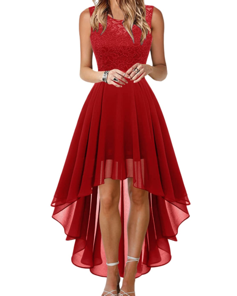 Blaire Robe de Cocktail Femme – Robe Asymétrique en Dentelle et Chiffon avec Ceinture