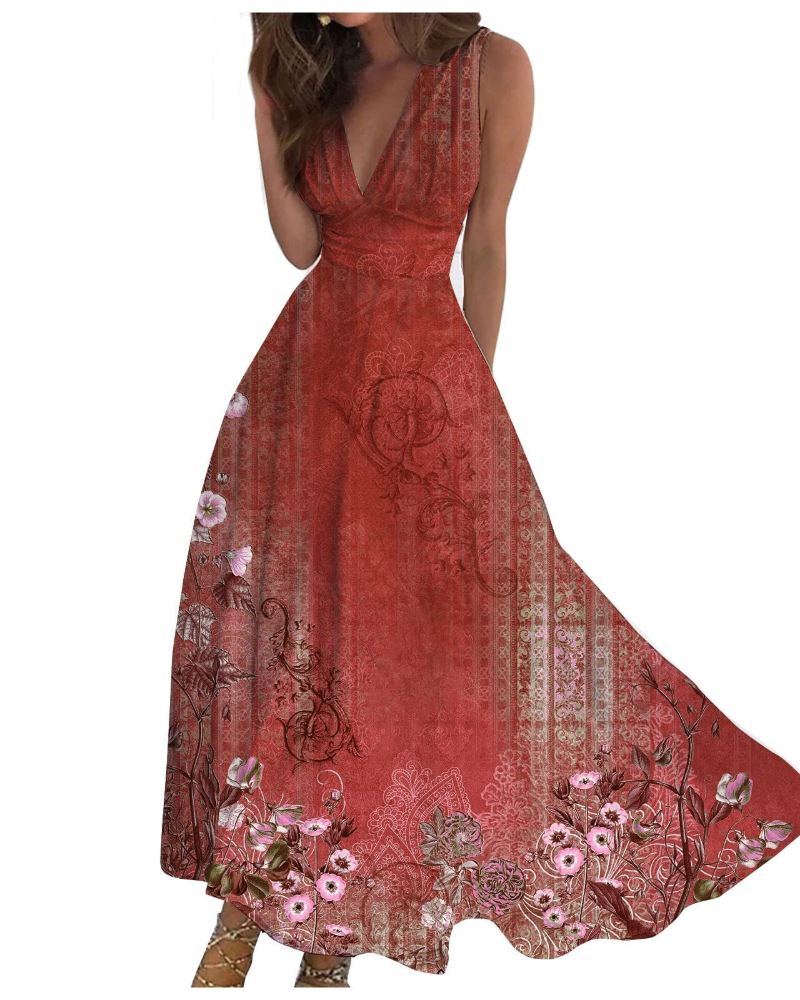 Camille Abito Maxi Donna – Vestito Boho Floreale Smanicato con Scollo a V