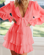 Sabrina Abito Mini Donna – Vestito con Scollo a V Profondo, Fiocco e Orlo a Volant