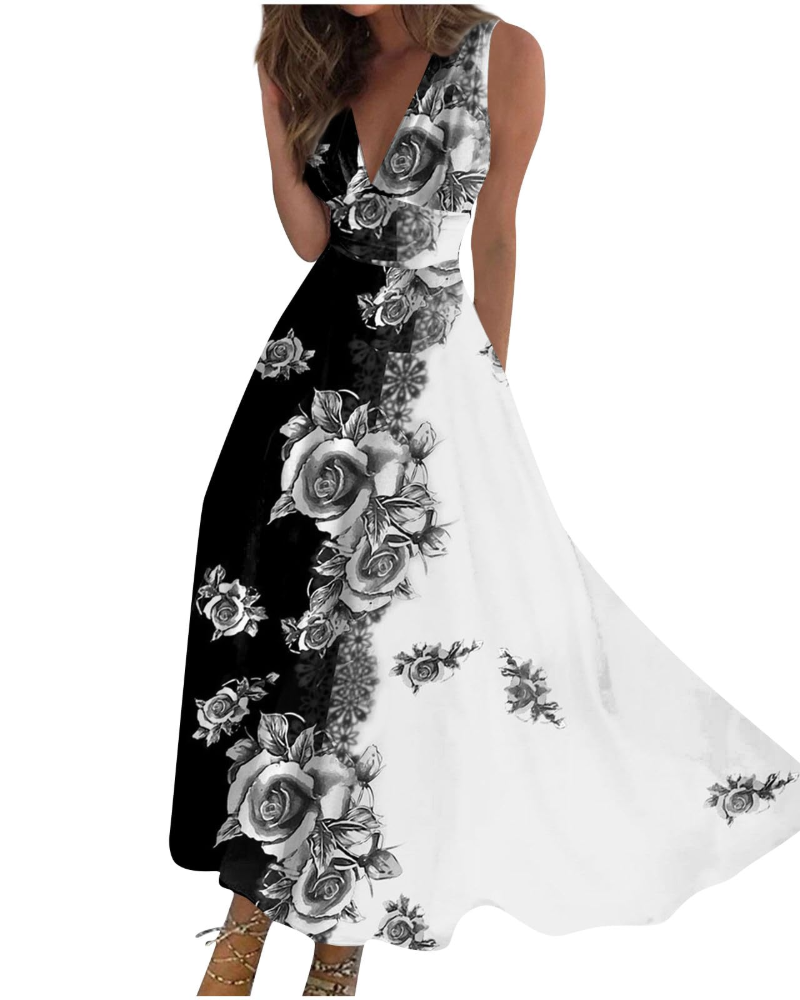 Camille Abito Maxi Donna – Vestito Boho Floreale Smanicato con Scollo a V