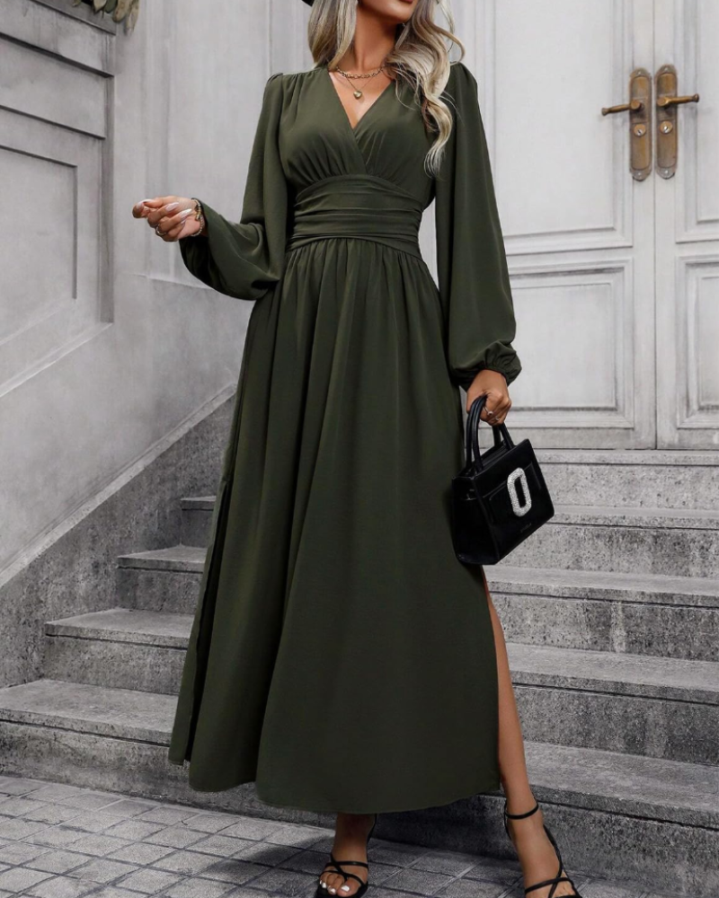Chelsea Abito Maxi Donna – Vestito Plissettato con Scollo a V e Maniche a Lanterna