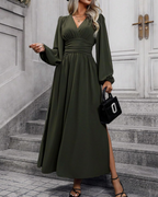 Chelsea Abito Maxi Donna – Vestito Plissettato con Scollo a V e Maniche a Lanterna
