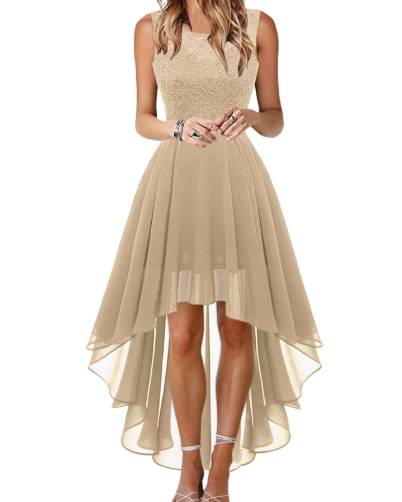 Blaire Robe de Cocktail Femme – Robe Asymétrique en Dentelle et Chiffon avec Ceinture