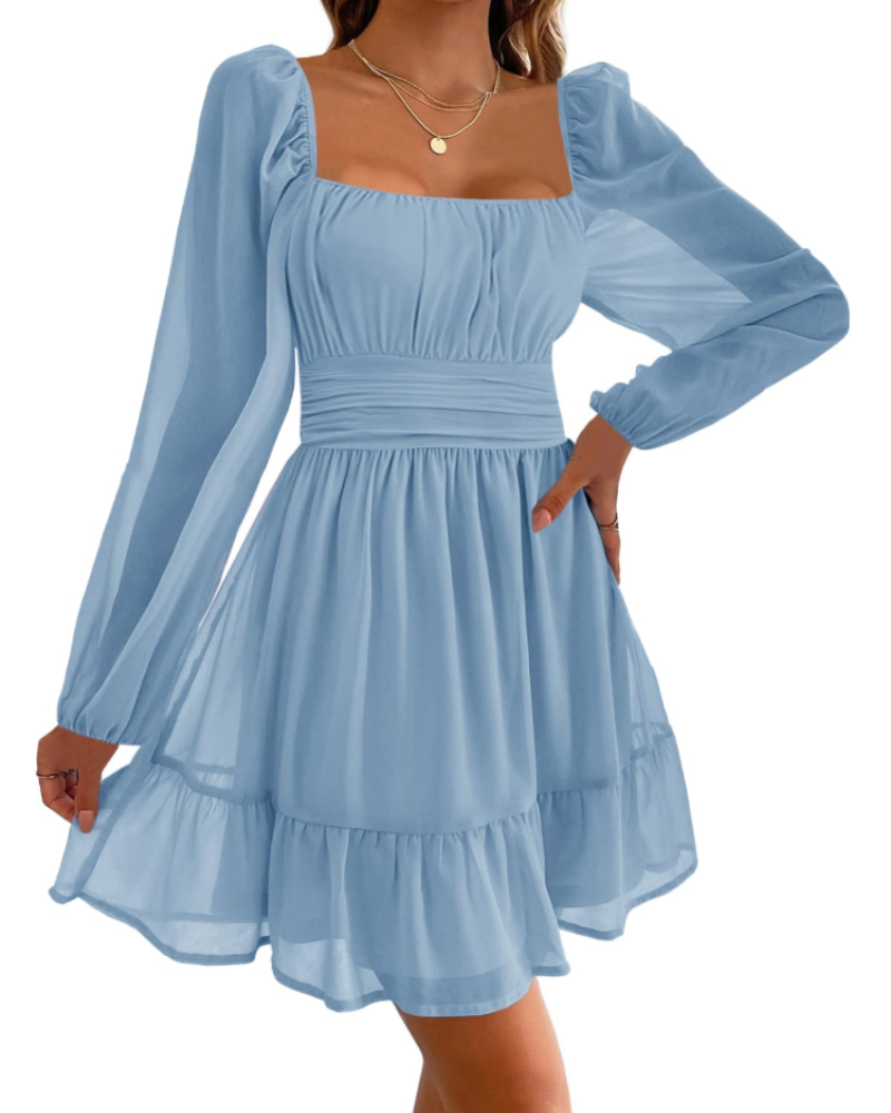 Robe de soirée pour femme Madeline – encolure carrée, manches en tulle et volants