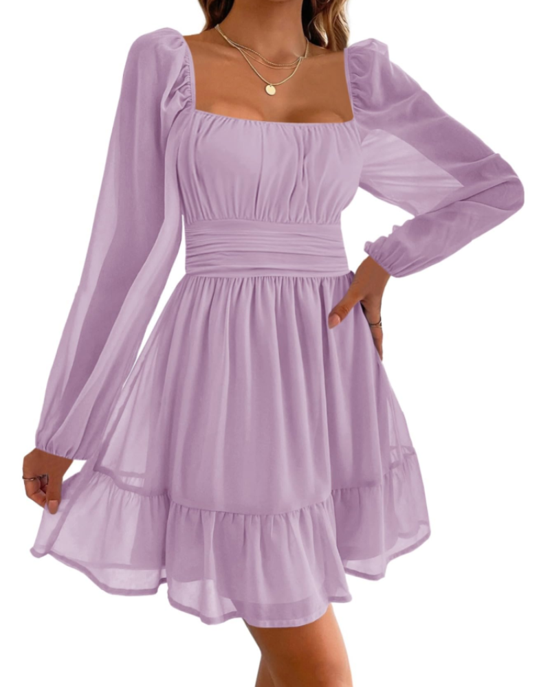 Robe de soirée pour femme Madeline – encolure carrée, manches en tulle et volants
