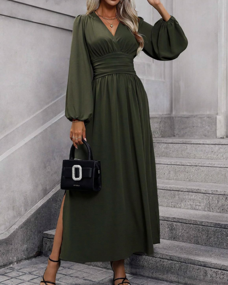 Chelsea Abito Maxi Donna – Vestito Plissettato con Scollo a V e Maniche a Lanterna