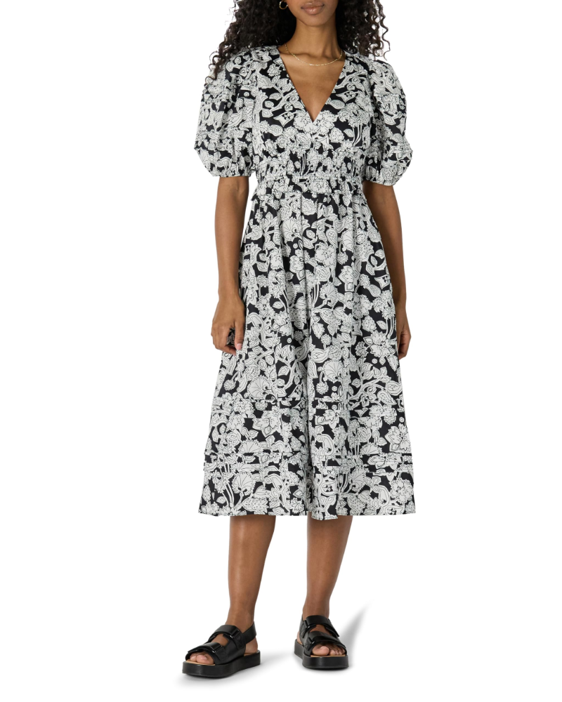 Phoebe Abito Midi Femme – Robe en Satin de Coton avec Manches Bouffantes et Col en V