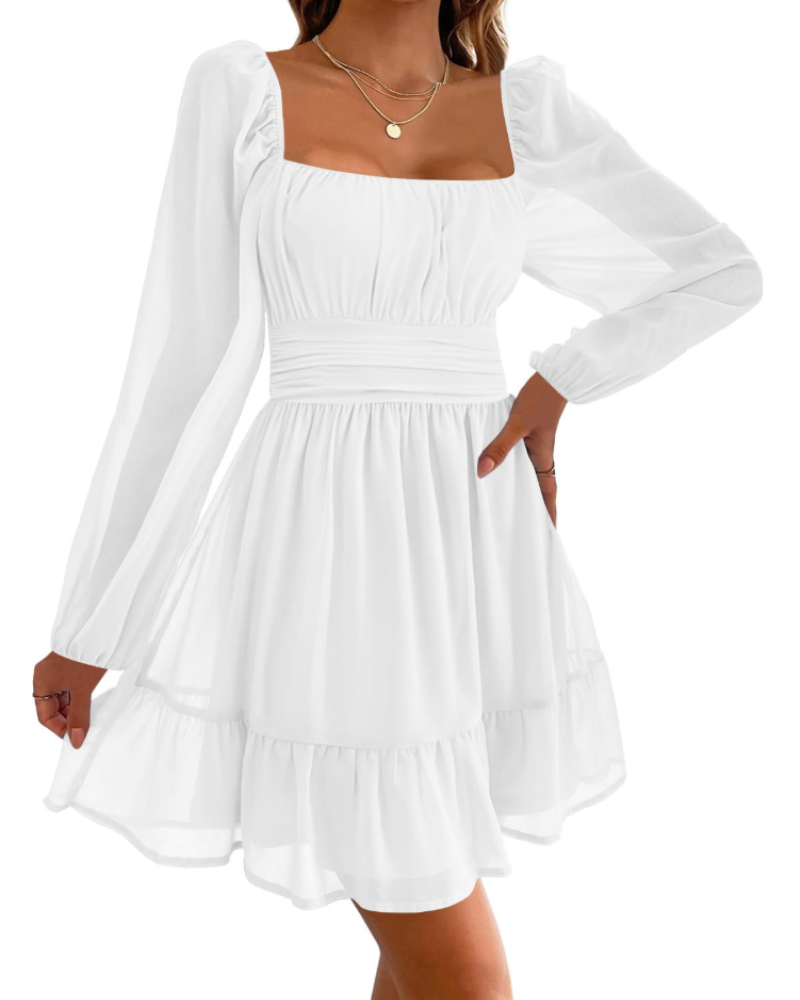 Robe de soirée pour femme Madeline – encolure carrée, manches en tulle et volants