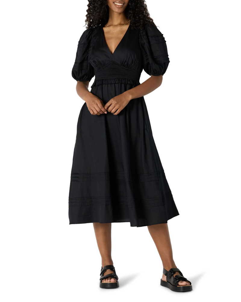 Phoebe Abito Midi Femme – Robe en Satin de Coton avec Manches Bouffantes et Col en V