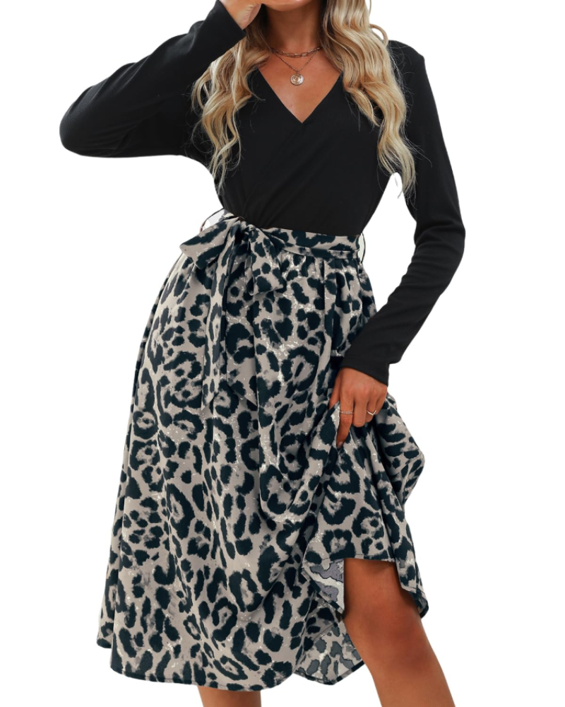 Marissa Abito Midi Donna – Vestito Leopardato con Scollo a V, Cintura e Maniche Lunghe