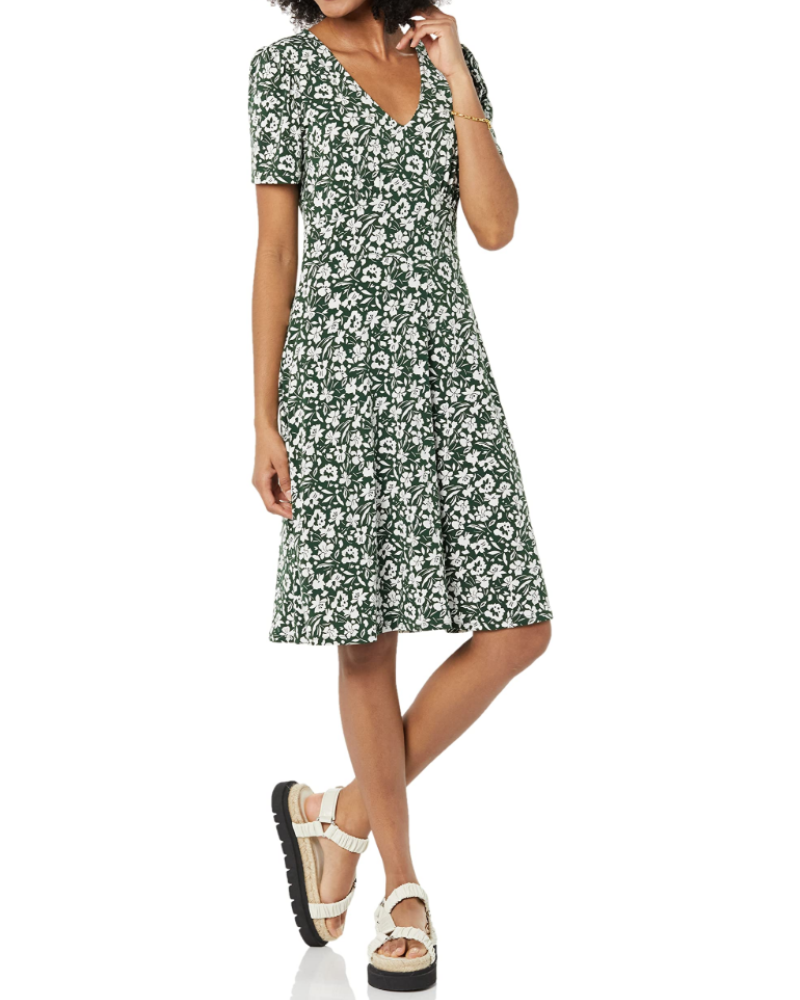 Natalie Abito Donna Svasato – Vestito con Scollo a V, Maniche Arricciate e Linea A Elegante