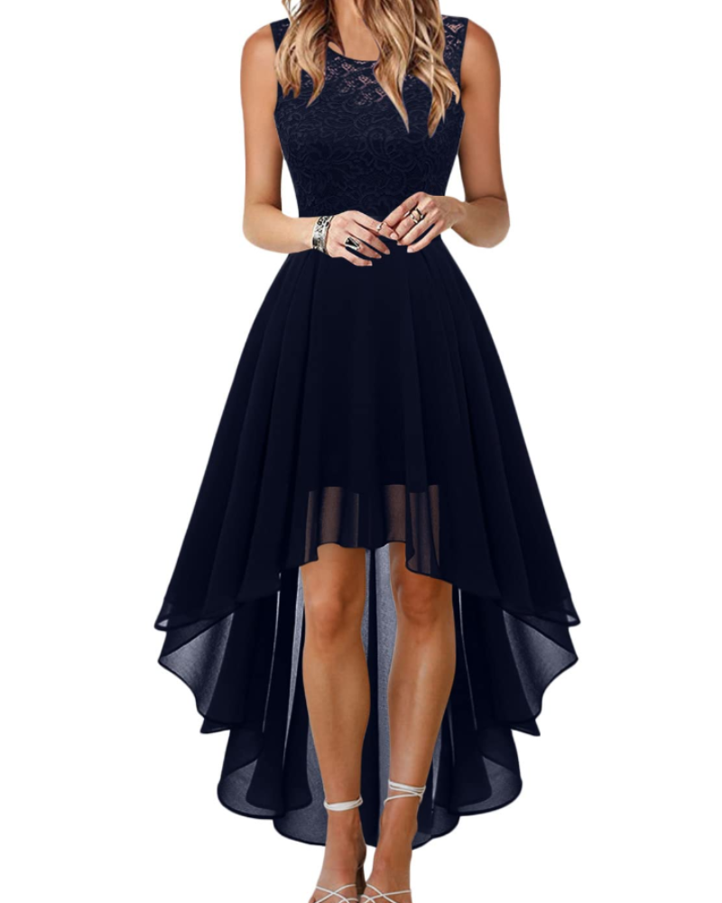 Blaire Robe de Cocktail Femme – Robe Asymétrique en Dentelle et Chiffon avec Ceinture